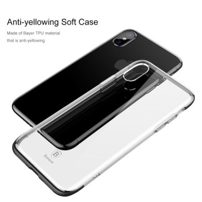 Apple iPhone X (iPhone Xs) „Baseus“ Armor Case TPU silikoninis skaidrus permatomas dėklas su juodu rėmeliu / Priedai.lt