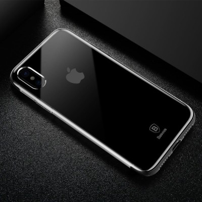 Apple iPhone X (iPhone Xs) „Baseus“ Armor Case TPU silikoninis skaidrus permatomas dėklas su juodu rėmeliu / Priedai.lt