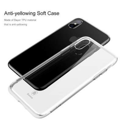 Apple iPhone X (iPhone Xs) elegants „Baseus“ Armor dzidrs (caurspīdīgs) silikona apvalks (apmales baltā krāsā) / Vacins.lv