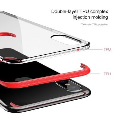 Apple iPhone X (iPhone Xs) „Baseus“ Armor Case TPU silikoninis skaidrus permatomas dėklas su raudonu rėmeliu / Priedai.lt