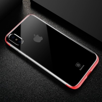 Apple iPhone X (iPhone Xs) „Baseus“ Armor Case TPU silikoninis skaidrus permatomas dėklas su raudonu rėmeliu / Priedai.lt
