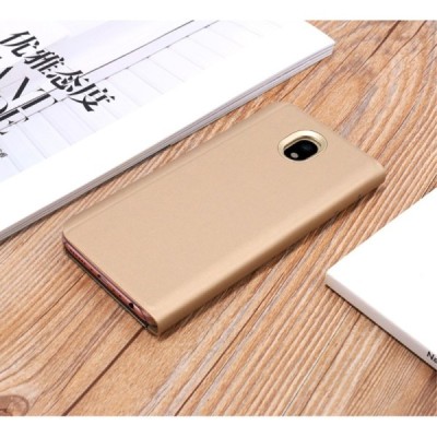 Samsung Galaxy J5 2017 (J530) plastmasas atvērams zelta ādas maciņš / Vacins.lv