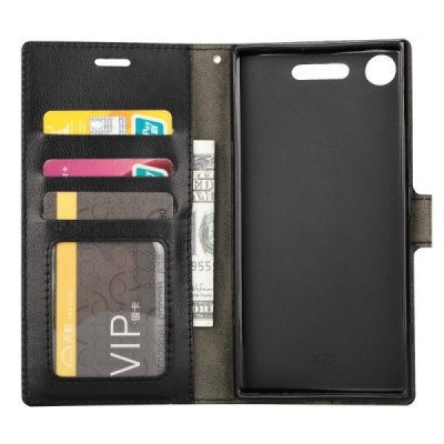 Sony Xperia XZ1 Compact atvēramais ādas melns maciņš, grāmata (maks) / Vacins.lv