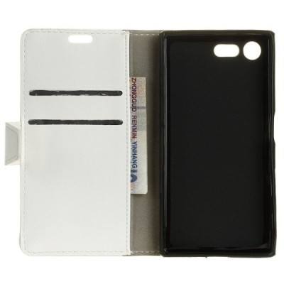 Sony Xperia XZ1 Compact atverčiamas baltas odinis dėklas, knygutė - piniginė / Priedai.lt