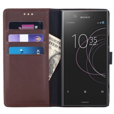Sony Xperia XZ1 Compact atvēramais ādas tumši brūns retro maciņš (maks) / Vacins.lv