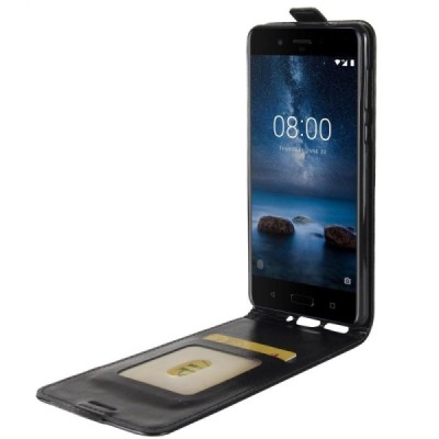 Nokia 8 klasisks ādas vertikāli atvēramais melns maciņš / Vacins.lv