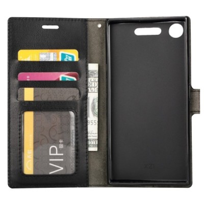 Sony Xperia XZ1 atverčiamas juodas odinis dėklas, knygutė - piniginė / Priedai.lt