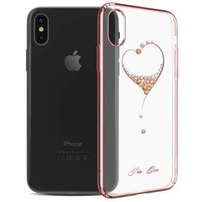 Apple iPhone X (iPhone Xs) Kingxbar Crystal Love Swarovski plastikinis skaidrus permatomas rožinis dėklas su kristalais / Prieda