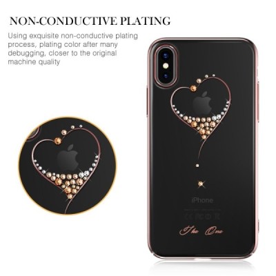 Apple iPhone X (iPhone Xs) Kingxbar Crystal Love Swarovski plastikinis skaidrus permatomas rožinis dėklas su kristalais / Prieda