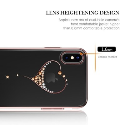 Apple iPhone X (iPhone Xs) Kingxbar Crystal Love Swarovski plastikinis skaidrus permatomas rožinis dėklas su kristalais / Prieda