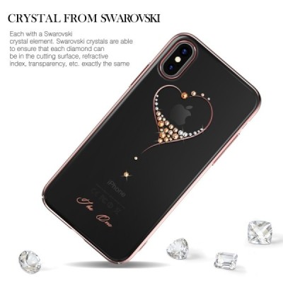 Apple iPhone X (iPhone Xs) Kingxbar Crystal Love Swarovski plastikinis skaidrus permatomas rožinis dėklas su kristalais / Prieda