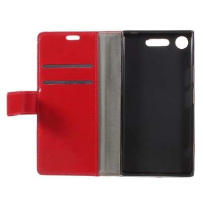 Sony Xperia XZ1 atverčiamas raudonas odinis dėklas, knygutė - piniginė / Priedai.lt