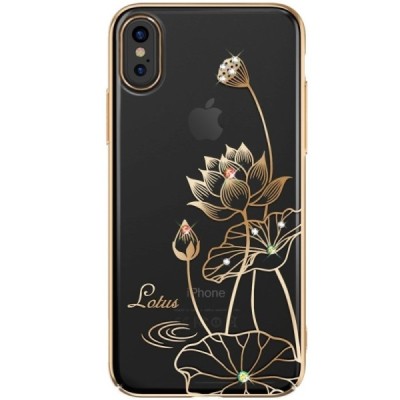 Apple iPhone X (iPhone Xs) Kingxbar Crystal Lotus Swarovski plastikinis skaidrus permatomas auksinis dėklas su kristalais / Prie