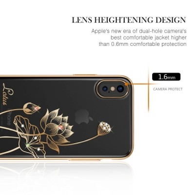 Apple iPhone X (iPhone Xs) Kingxbar Crystal Lotus Swarovski plastikinis skaidrus permatomas auksinis dėklas su kristalais / Prie