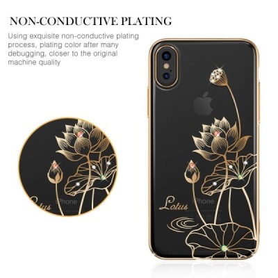 Apple iPhone X (iPhone Xs) Kingxbar Crystal Lotus Swarovski plastikinis skaidrus permatomas auksinis dėklas su kristalais / Prie