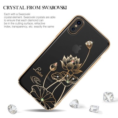 Apple iPhone X (iPhone Xs) Kingxbar Crystal Lotus Swarovski plastikinis skaidrus permatomas auksinis dėklas su kristalais / Prie