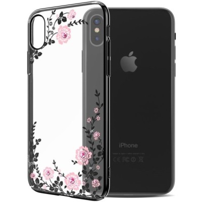 Apple iPhone X (iPhone Xs) „Kavaro“ Crystal  Flowers Swarovski dzidrs (caurspīdīgs) melns plastmasas apvalks ar kristāliem / Vac