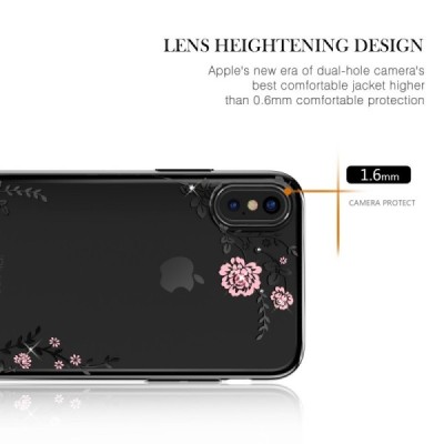 Apple iPhone X (iPhone Xs) „Kavaro“ Crystal  Flowers Swarovski dzidrs (caurspīdīgs) melns plastmasas apvalks ar kristāliem / Vac