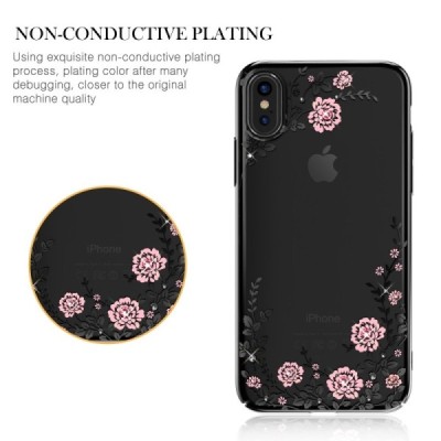 Apple iPhone X (iPhone Xs) „Kavaro“ Crystal  Flowers Swarovski dzidrs (caurspīdīgs) melns plastmasas apvalks ar kristāliem / Vac