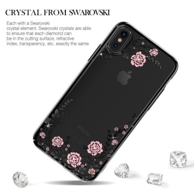 Apple iPhone X (iPhone Xs) „Kavaro“ Crystal  Flowers Swarovski dzidrs (caurspīdīgs) melns plastmasas apvalks ar kristāliem / Vac