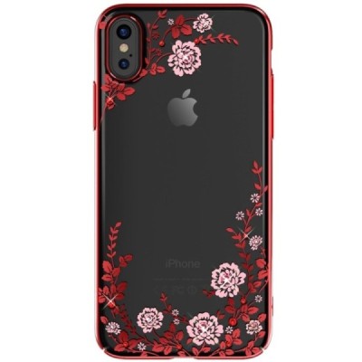 Apple iPhone X (iPhone Xs) „Kavaro“ Crystal  Flowers Swarovski dzidrs (caurspīdīgs) sarkans plastmasas apvalks ar kristāliem / V