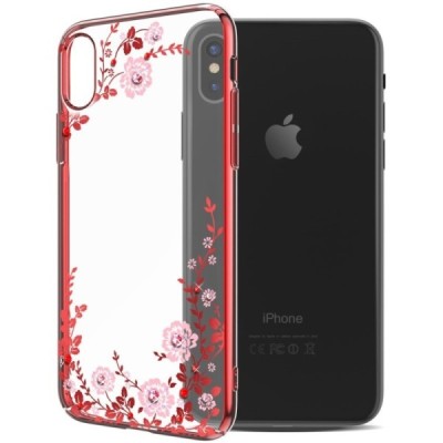 Apple iPhone X (iPhone Xs) „Kavaro“ Crystal Flowers Swarovski plastikinis skaidrus permatomas raudonas dėklas su kristalais / Pr