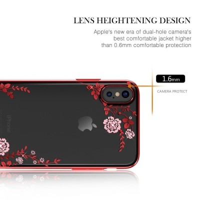 Apple iPhone X (iPhone Xs) „Kavaro“ Crystal Flowers Swarovski plastikinis skaidrus permatomas raudonas dėklas su kristalais / Pr
