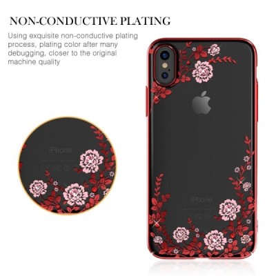 Apple iPhone X (iPhone Xs) „Kavaro“ Crystal Flowers Swarovski plastikinis skaidrus permatomas raudonas dėklas su kristalais / Pr