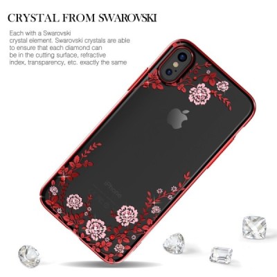 Apple iPhone X (iPhone Xs) „Kavaro“ Crystal Flowers Swarovski plastikinis skaidrus permatomas raudonas dėklas su kristalais / Pr