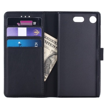 Sony Xperia XZ1 atverčiamas juodas odinis retro dėklas - piniginė / Priedai.lt