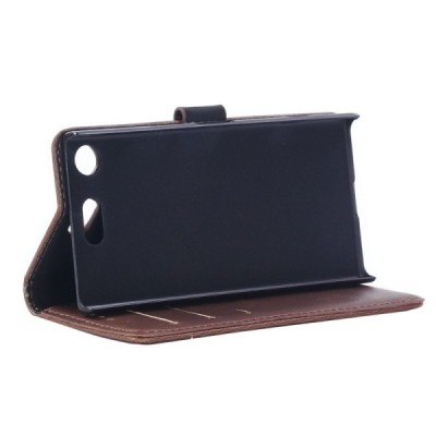 Sony Xperia XZ1 atvēramais ādas tumši brūns retro maciņš (maks) / Vacins.lv