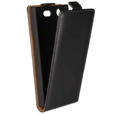 Sony Xperia XZ1 Compact vertikāli atvēramais ādas melns maciņš (maks) / Vacins.lv