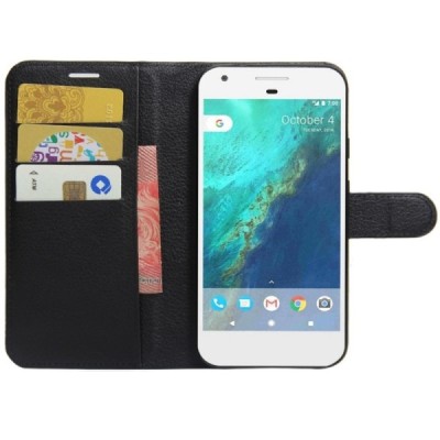 Google Pixel XL atvēramais melns ādas Litchi maciņš (maks) / Vacins.lv