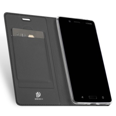 Nokia 8 „Dux Ducis“ Skin sērijas melns ādas atvērams maciņš / Vacins.lv