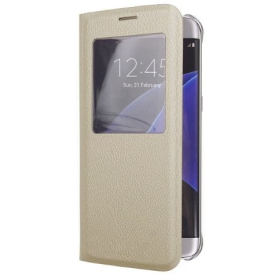 Samsung Galaxy S6 Edge+ (G928) atvēramais maciņš ar lodziņu - zelta / Vacins.lv