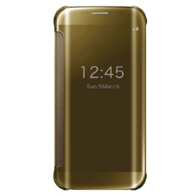 Samsung Galaxy S6 Edge (G925) plastmasas atvērams zelta ādas maciņš / Vacins.lv
