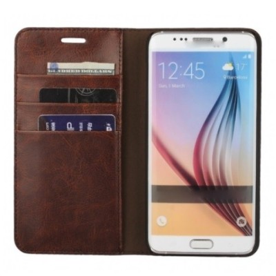 Samsung Galaxy S6 Edge+ (G928) „Faux Leather“ solīds atvēramais ādas tumši brūns maciņš - maks / Vacins.lv