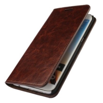 Samsung Galaxy S6 Edge+ (G928) „Faux Leather“ solīds atvēramais ādas tumši brūns maciņš - maks / Vacins.lv