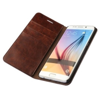 Samsung Galaxy S6 Edge+ (G928) „Faux Leather“ solīds atvēramais ādas tumši brūns maciņš - maks / Vacins.lv