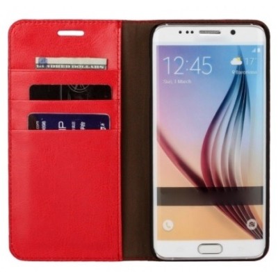 Samsung Galaxy S6 Edge+ (G928) „Faux Leather“ solīds atvēramais ādas sarkans maciņš - maks / Vacins.lv