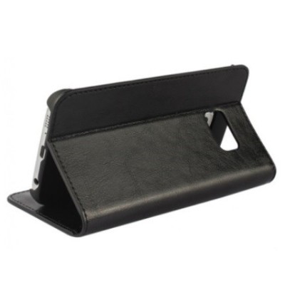 Samsung Galaxy S6 Edge (G925) „Faux Leather“ solīds atvēramais ādas melns maciņš - maks / Vacins.lv