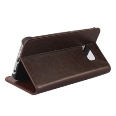 Samsung Galaxy S6 Edge (G925) „Faux Leather“ solīds atvēramais ādas tumši brūns maciņš - maks / Vacins.lv