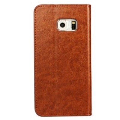 Samsung Galaxy S6 Edge (G925) „Faux Leather“ atverčiamas rudas odinis dėklas - knygutė / Priedai.lt