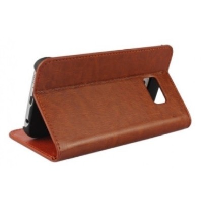 Samsung Galaxy S6 Edge (G925) „Faux Leather“ atverčiamas rudas odinis dėklas - knygutė / Priedai.lt