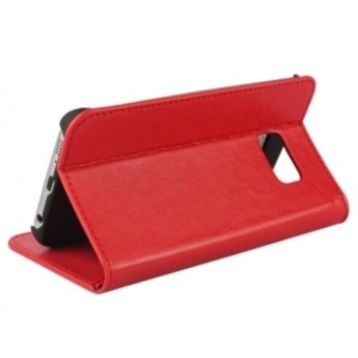 Samsung Galaxy S6 Edge (G925) „Faux Leather“ solīds atvēramais ādas sarkans maciņš - maks / Vacins.lv