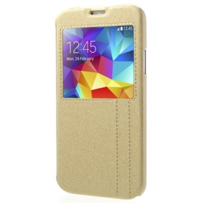 Samsung Galaxy S5 G900 (S5 Neo G903) auksinis odinis atverčiamas dėklas su langeliu / Priedai.lt