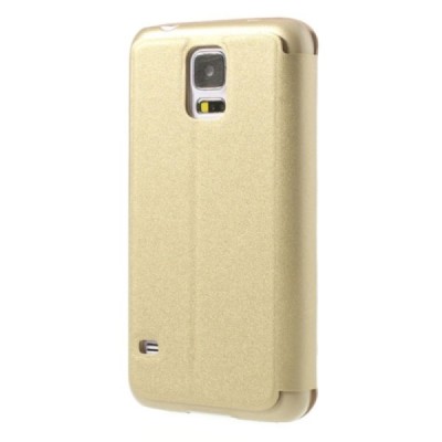 Samsung Galaxy S5 G900 (S5 Neo G903) auksinis odinis atverčiamas dėklas su langeliu / Priedai.lt