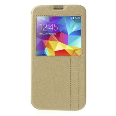 Samsung Galaxy S5 G900 (S5 Neo G903) auksinis odinis atverčiamas dėklas su langeliu / Priedai.lt