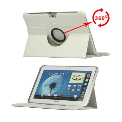 Atverčiamas baltas odinis Samsung Galaxy Note 10.1 N8000 (N8010) dėklas (dėkliukas), sukiojamas 360° / Priedai.lt