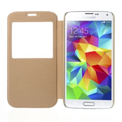 Samsung Galaxy S5 G900 (S5 Neo G903) auksinis odinis atverčiamas dėklas su langeliu / Priedai.lt